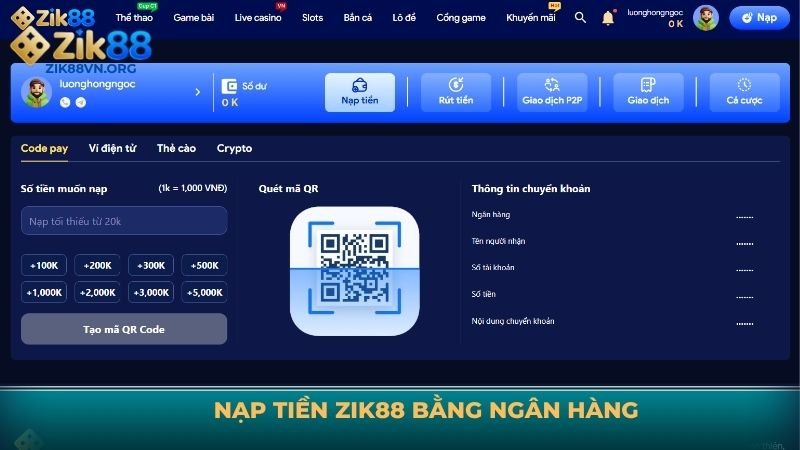 Nạp tiền ZIK88 bằng ngân hàng